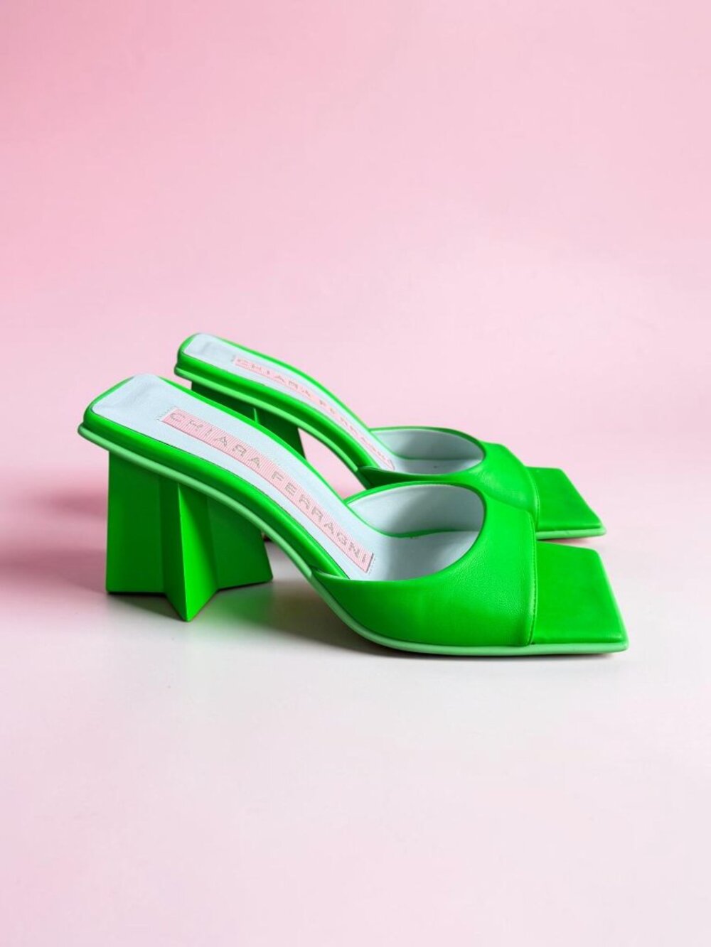 CHIARA FERRAGNI Neon Lime Green Leather Star Heels Sandals Size 37 / US 7